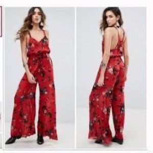 Free People FP One Moonlight Garden Jumpsuit Red Floral Size S wide leg flowy